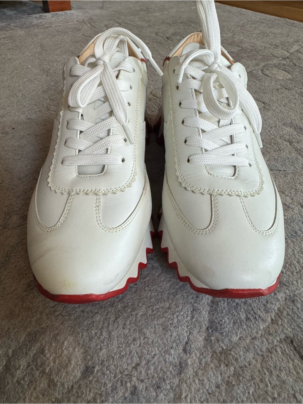Christian Louboutin White Leather Zigzag Sole Sneakers with Red Accents - Picture 4 of 5